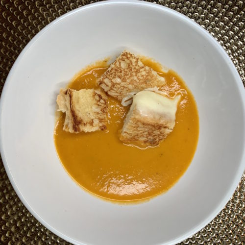 Roasted Red Pepper and Tomato Soup with Grilled Cheese Croutons