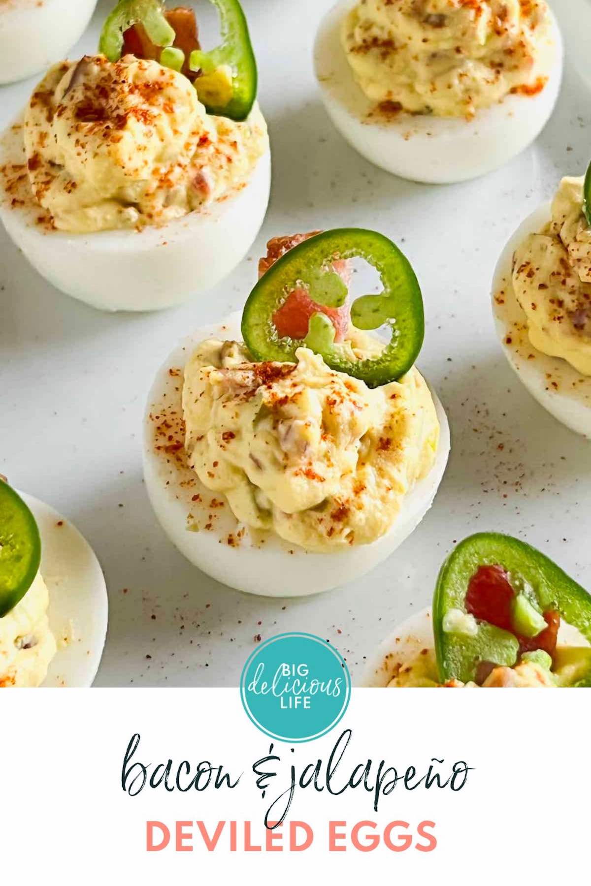 Branded Pinterest template with photo of close up of deviled egg.