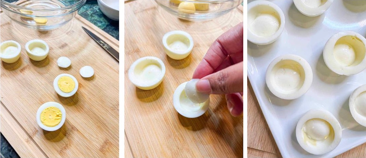 Step by step process on how to cut hard boiled eggs with a flat bottom.
