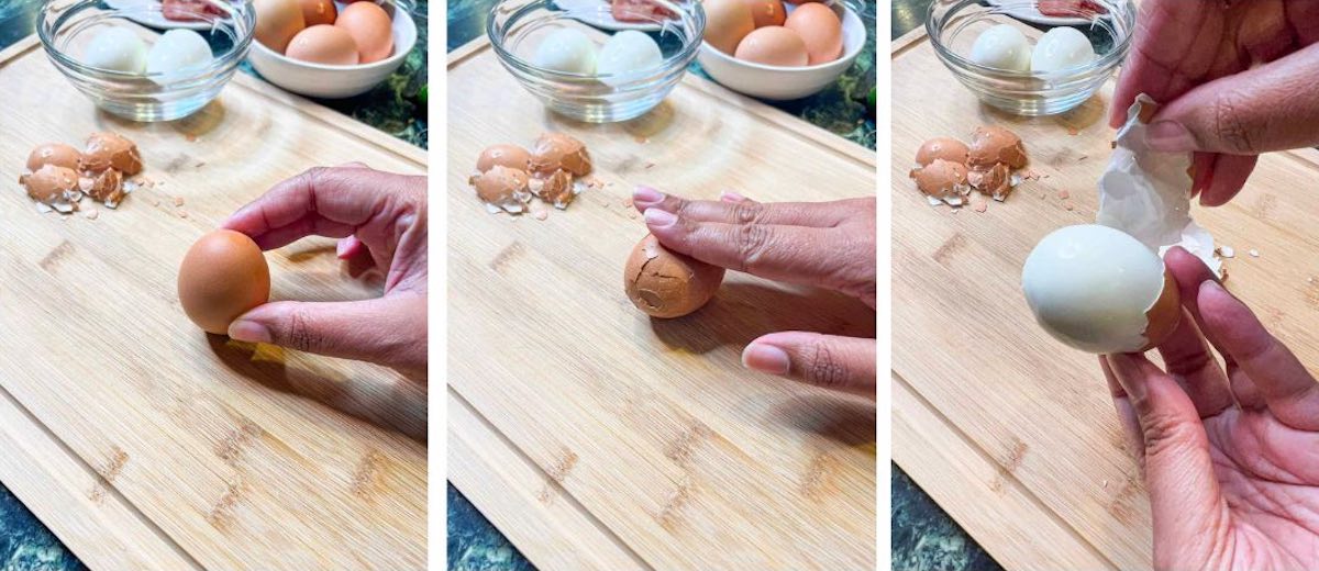 Step by step process on how to cleanly peel a hard boiled egg.