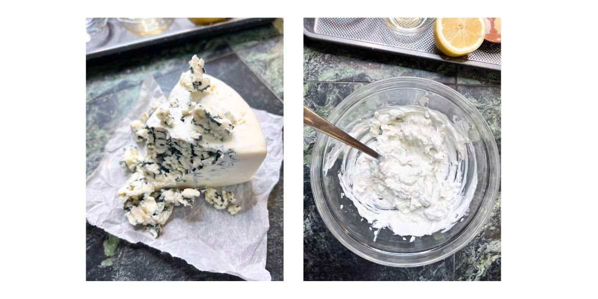 Side by side photos of a wedge of crumbling blue cheese and a glass mixing bowl with ingredients mashed together with a fork.