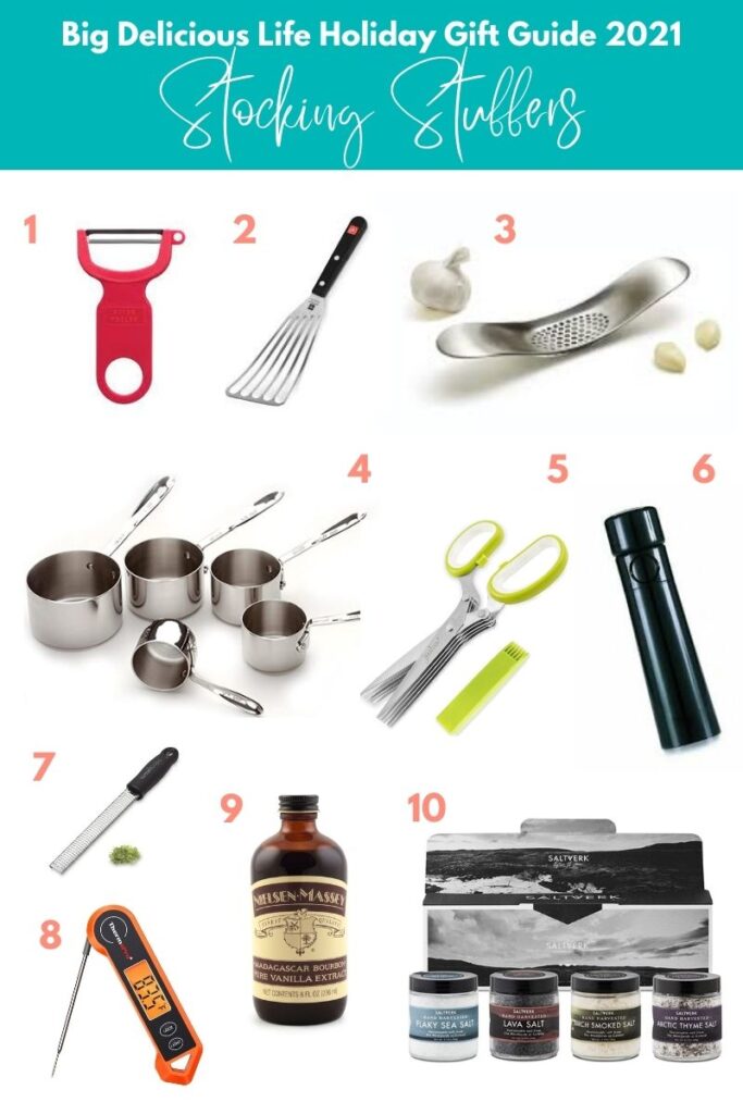 Collage image of holiday gift guide for your favorite home cook with stocking stuffer ideas.