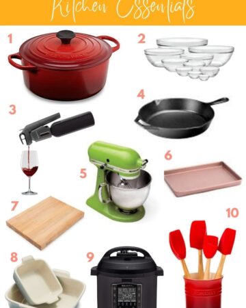 Collage image of holiday gift guide for your favorite home cook with kitchen essentials.