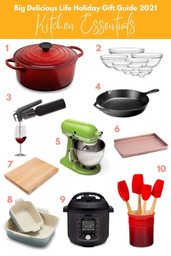 Collage image of holiday gift guide for your favorite home cook with kitchen essentials.