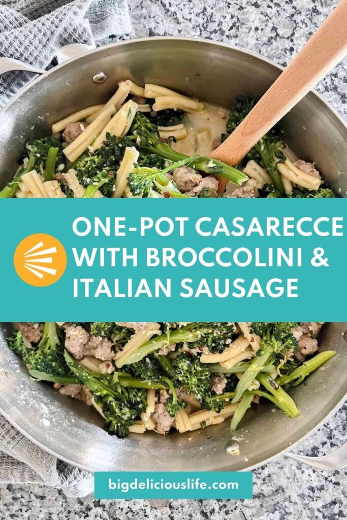Branded Pinterest Pin with Casarecce with Broccolini and Italian Sausage