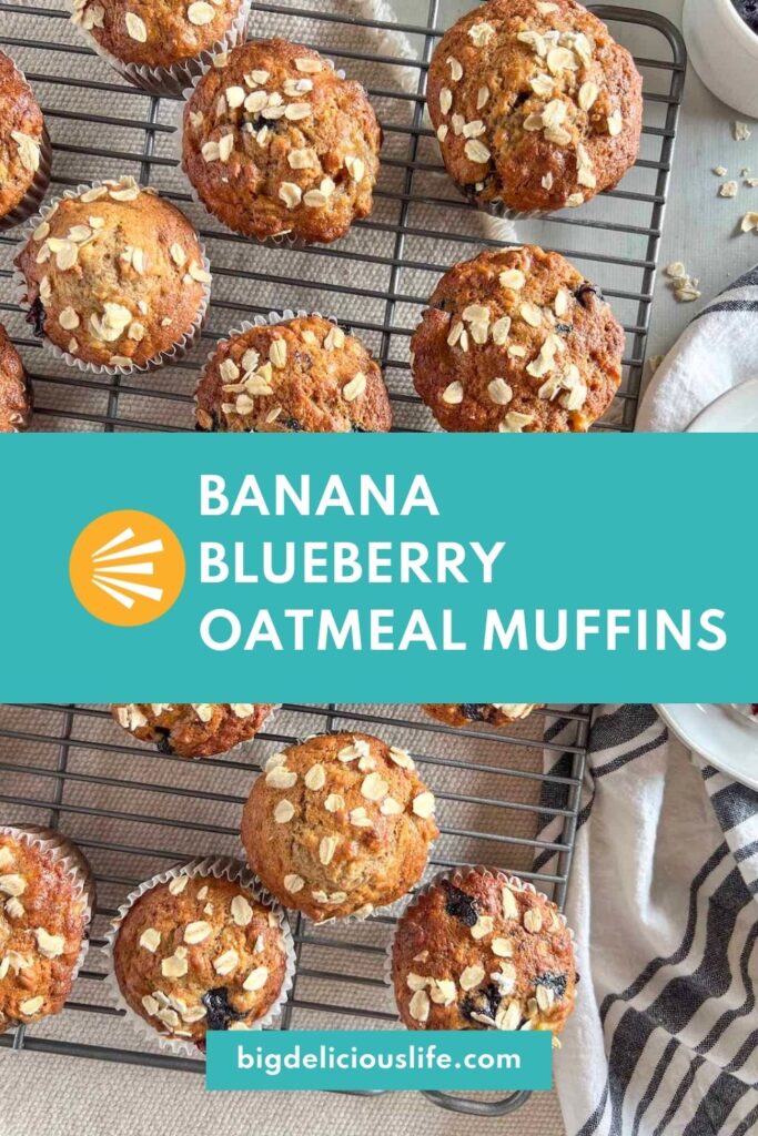 Branded pin template with blueberry banana oatmeal muffins on a cooling rack and graphic overlaying photo.