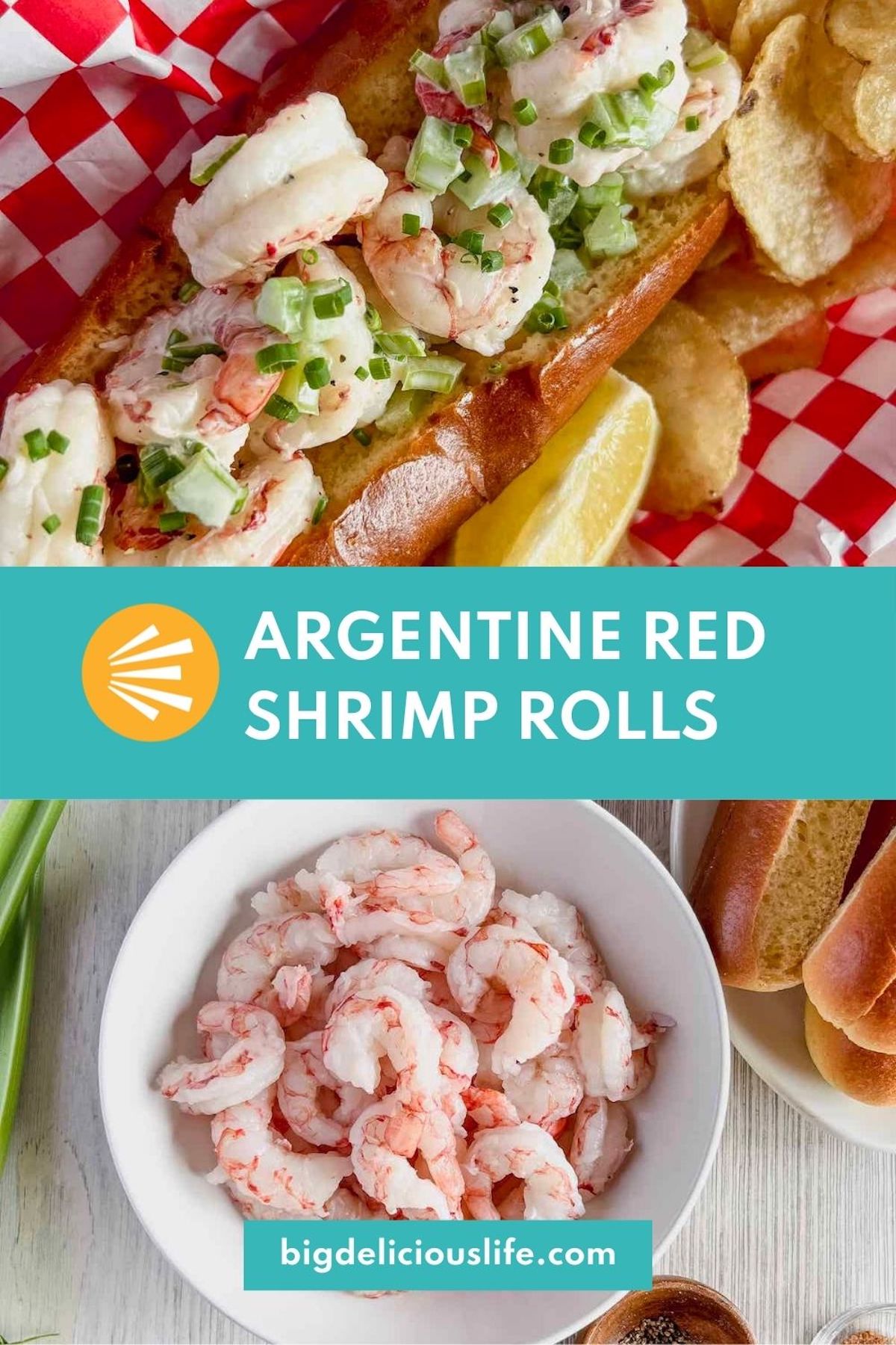 Branded pinterest template with photo of argentine red shrimp roll on the top and bowl of raw shrimp on the bottom.