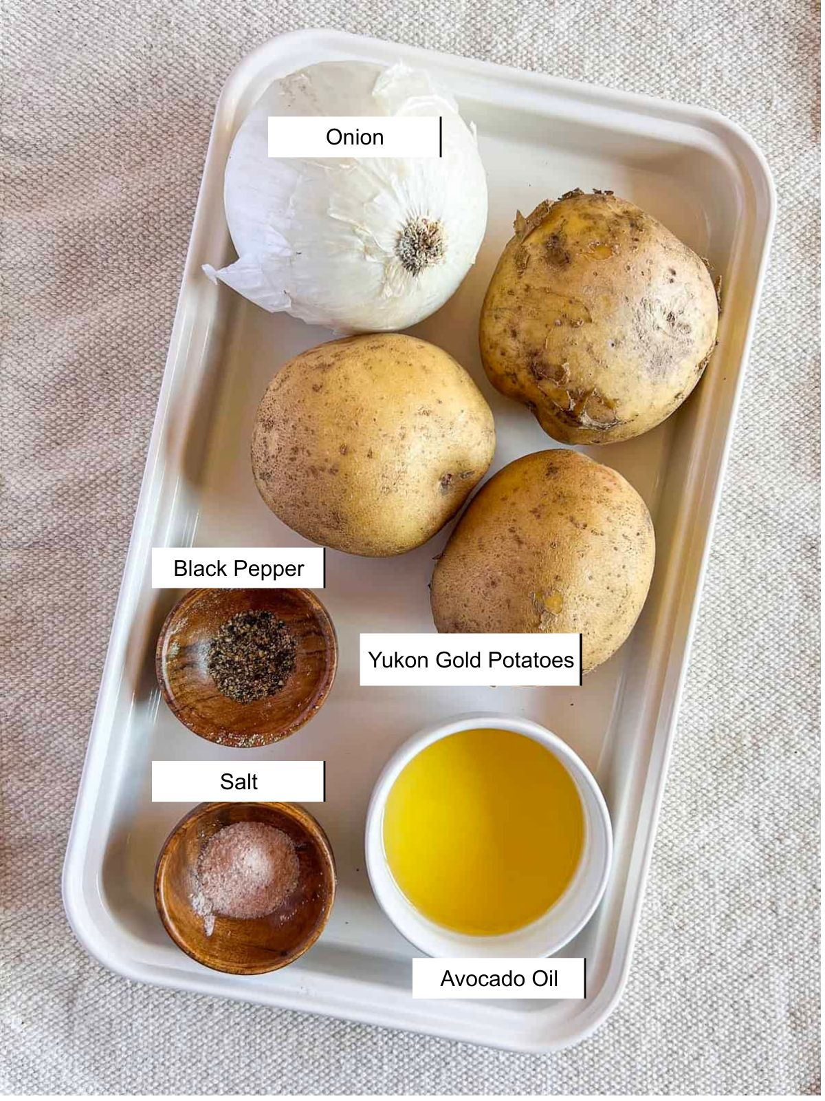 Labled photo of recipe ingredients in a sheet pan.