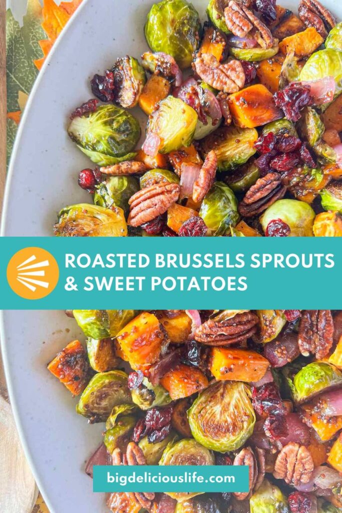 Branded pinterest template with roasted brussels sprouts and sweet potatoes on a white platter.
