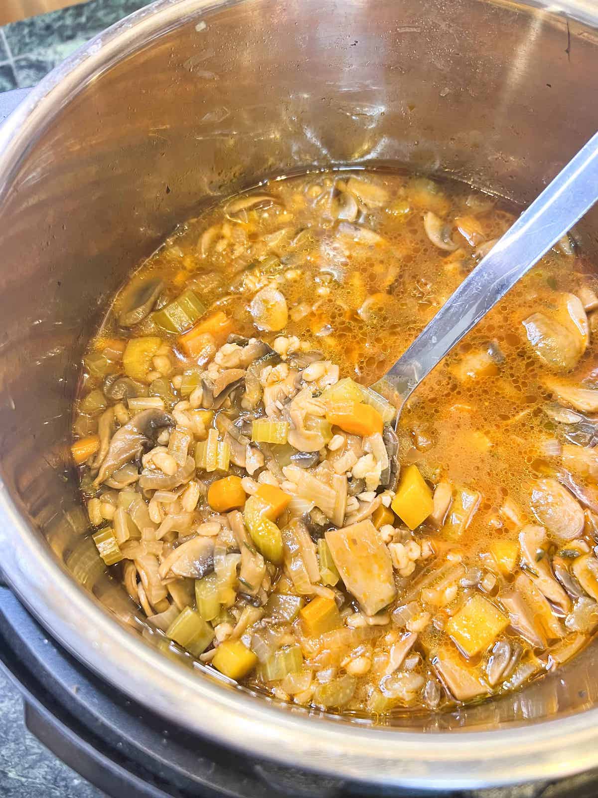Cooked mushroom barley soup in an instant pot.
