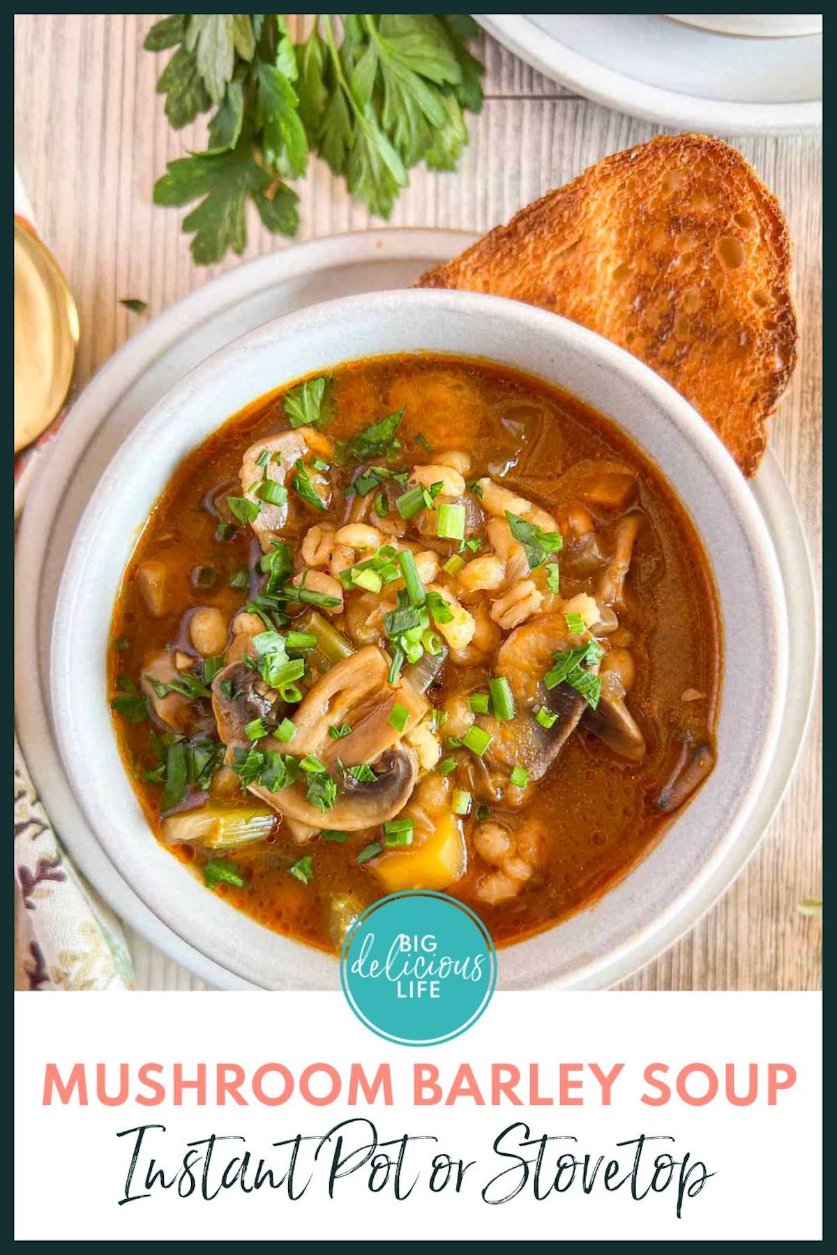 Branded Pinterest template with mushroom barley soup in a white bowl on a plate with toast.