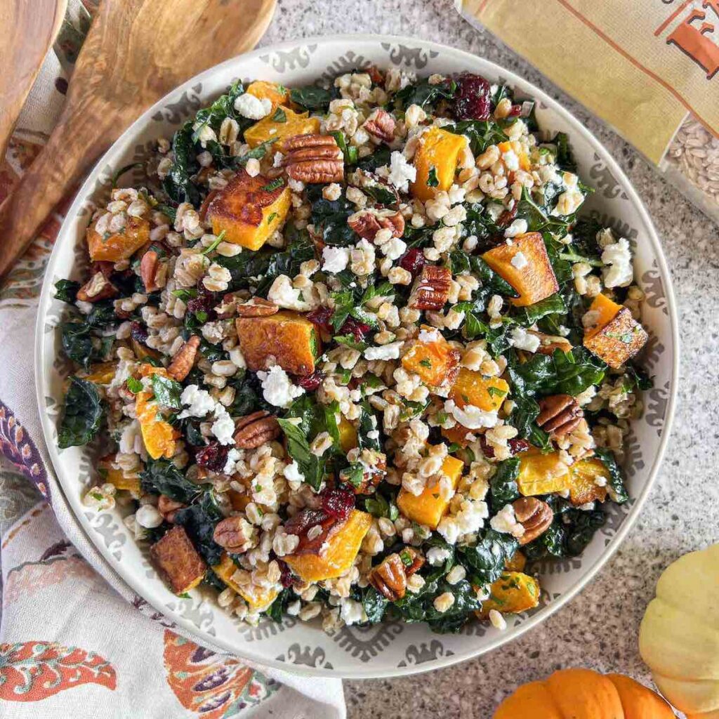 Bowl of farro salad.