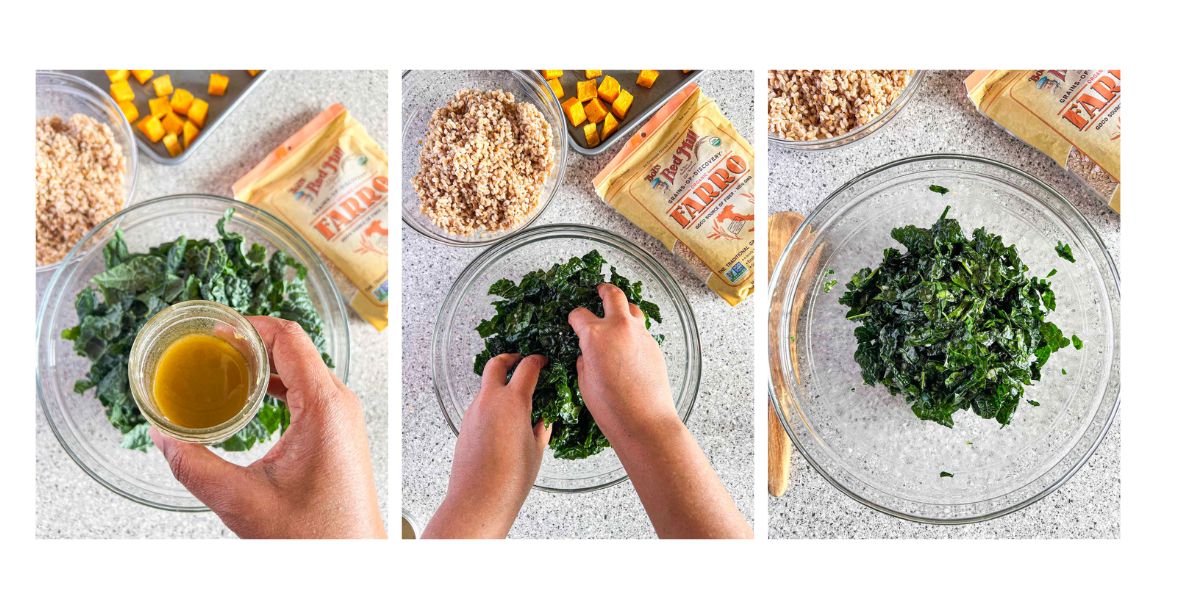 Three side by side photos of brown hand holding vinaigrette over raw kale, massaging kale with dressing and finished massaged kale.