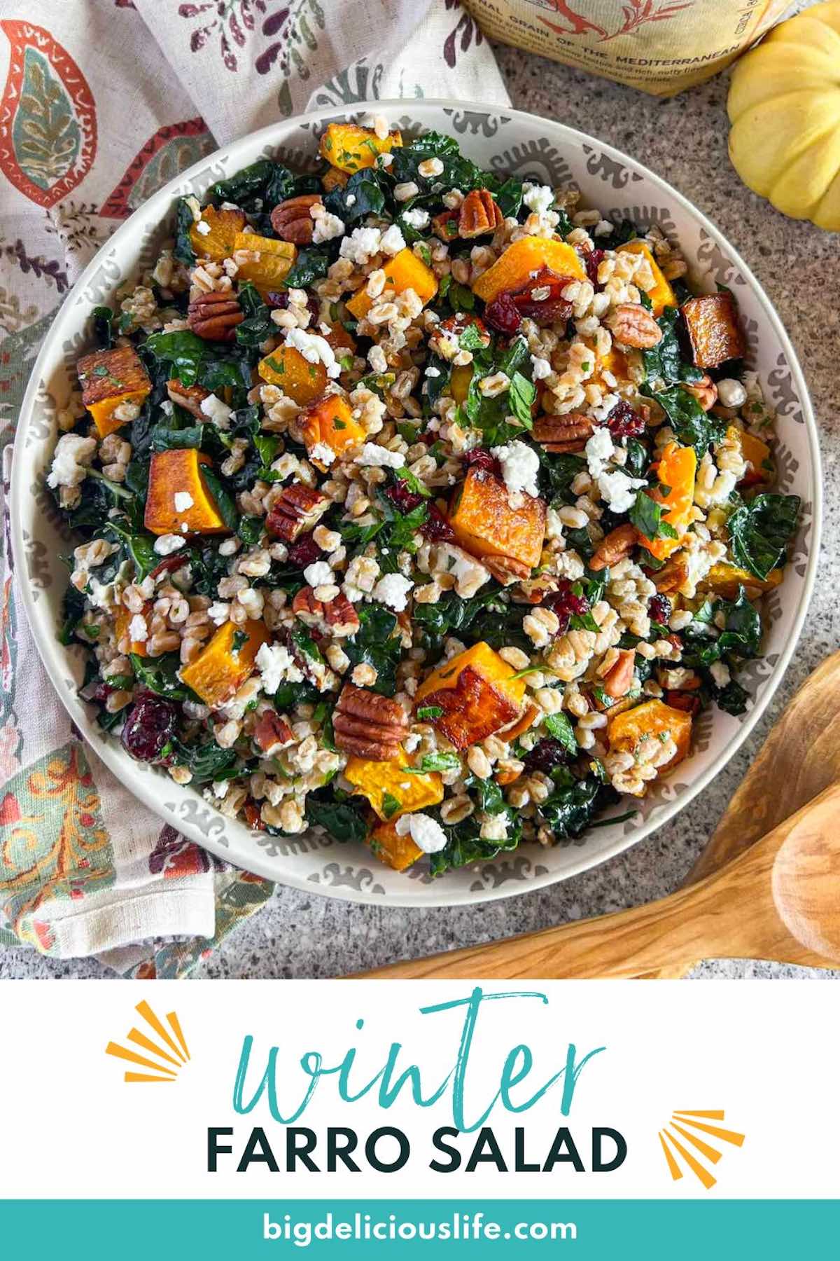 Branded Pinterest template with photo of winter farro salad.