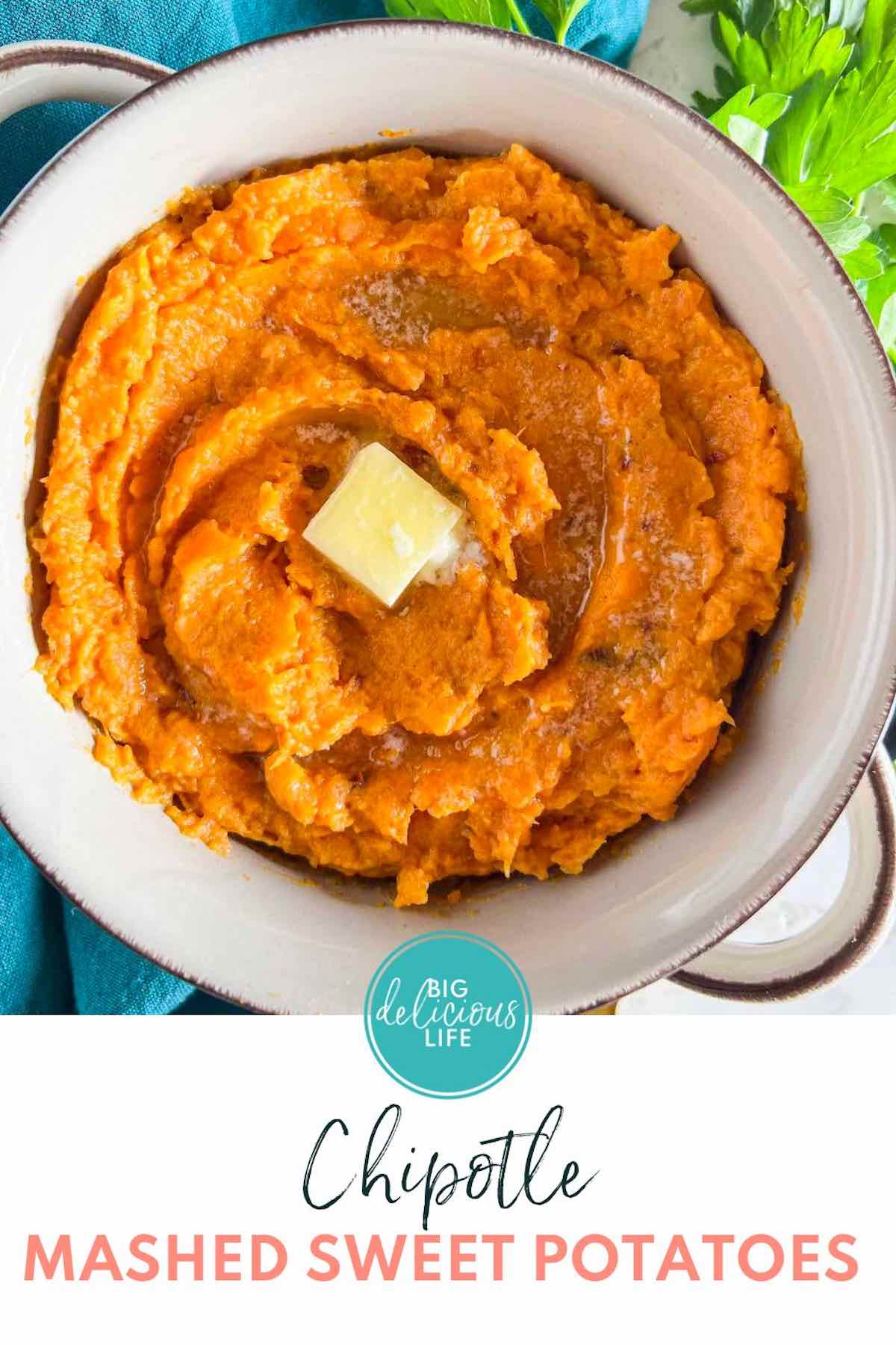 Branded Pinterest template with photo of mashed sweet potatoes.
