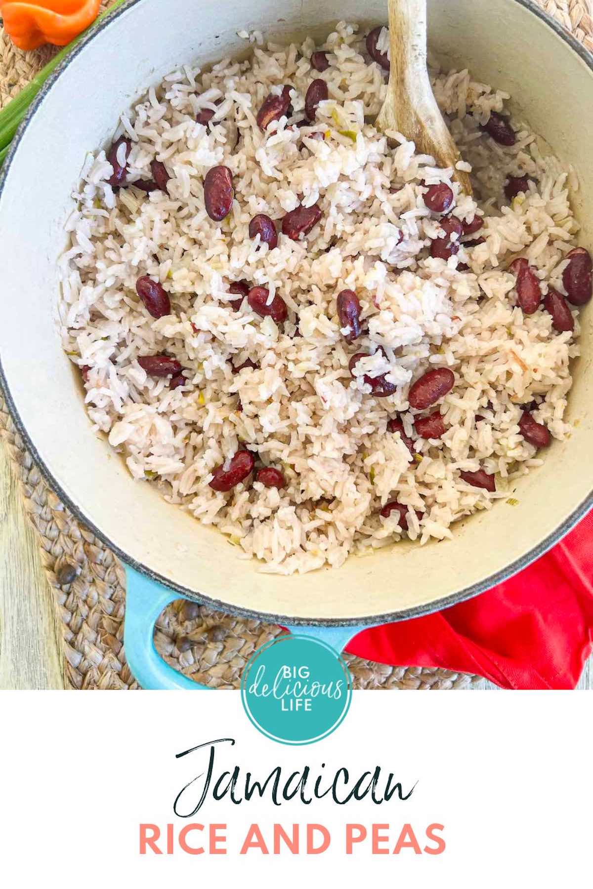 Branded Pinterest template with photo of a pot of Jamaican Rice and Peas.
