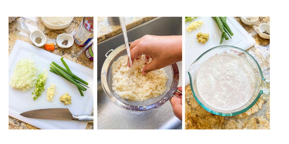 Step by step process of chopping vegetables, rinsing rice and measuring liquid.
