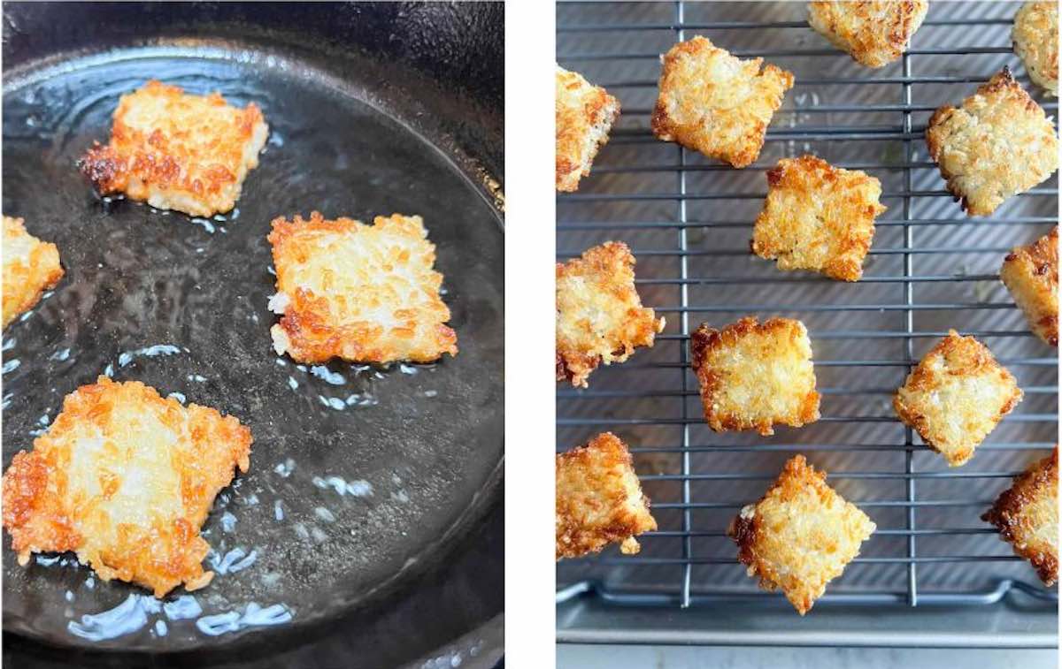 Side by side of frying crispy rice squares in a cast iron pan and draining on a cooling rack.