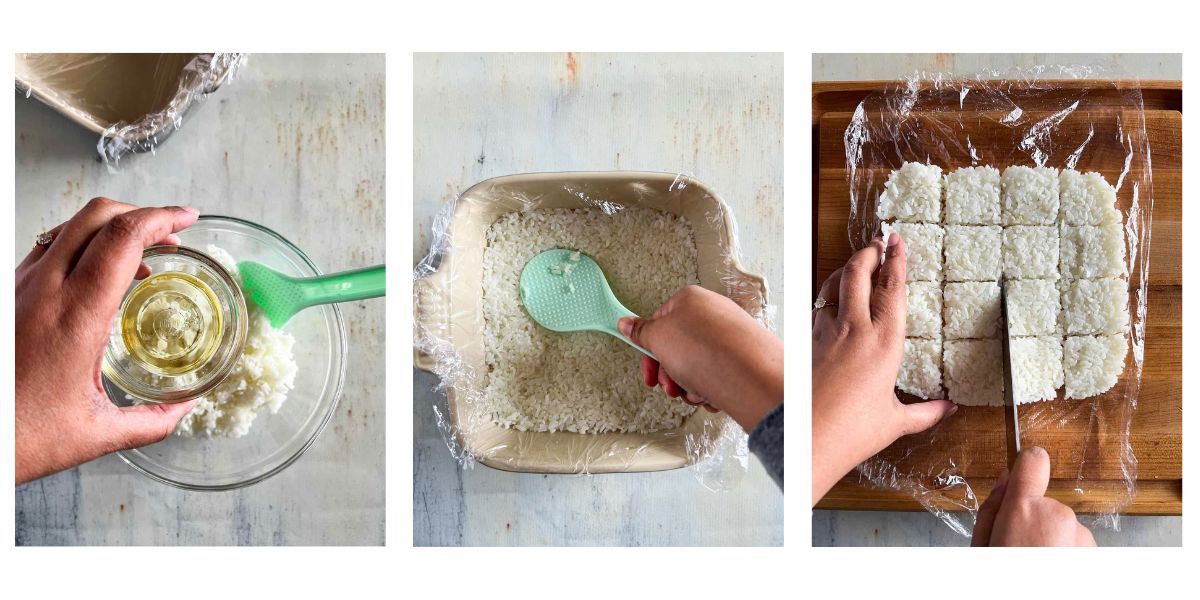 Step by step seasoning sushi rice, pressing into baking dish and cutting into squares.