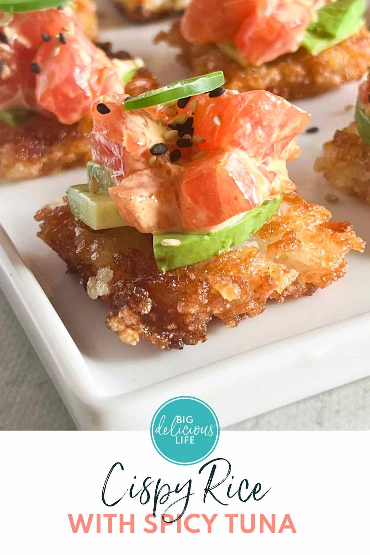 Branded Pinterest template with photo of crispy rice square topped with spicy tuna.