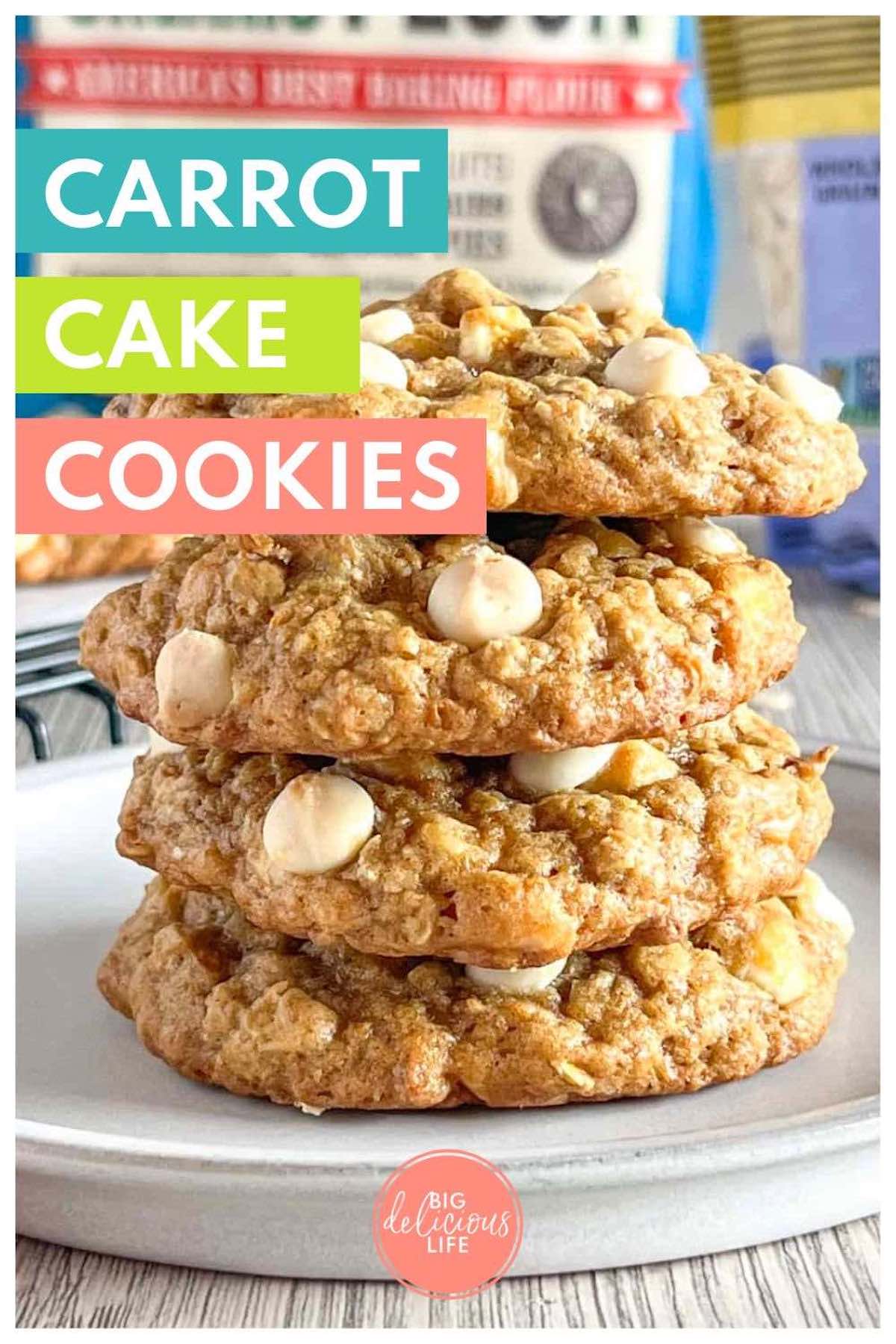Branded Pinterest template with photo of stack of carrot cake cookies on a small plate.