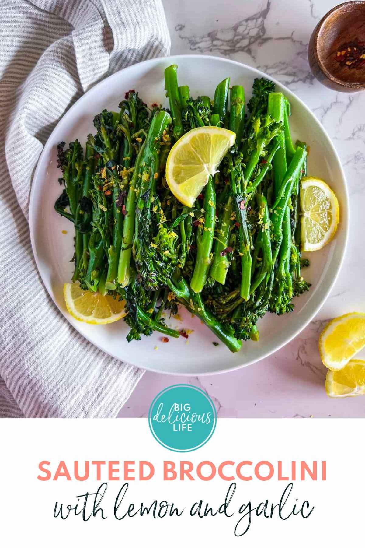 Branded Pinterest template with photo of sauteed baby broccoli on a white plate.