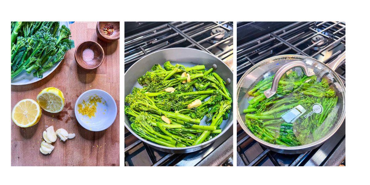 Process shots of prepping ingredients, sauteeing and then steaming broccolini.