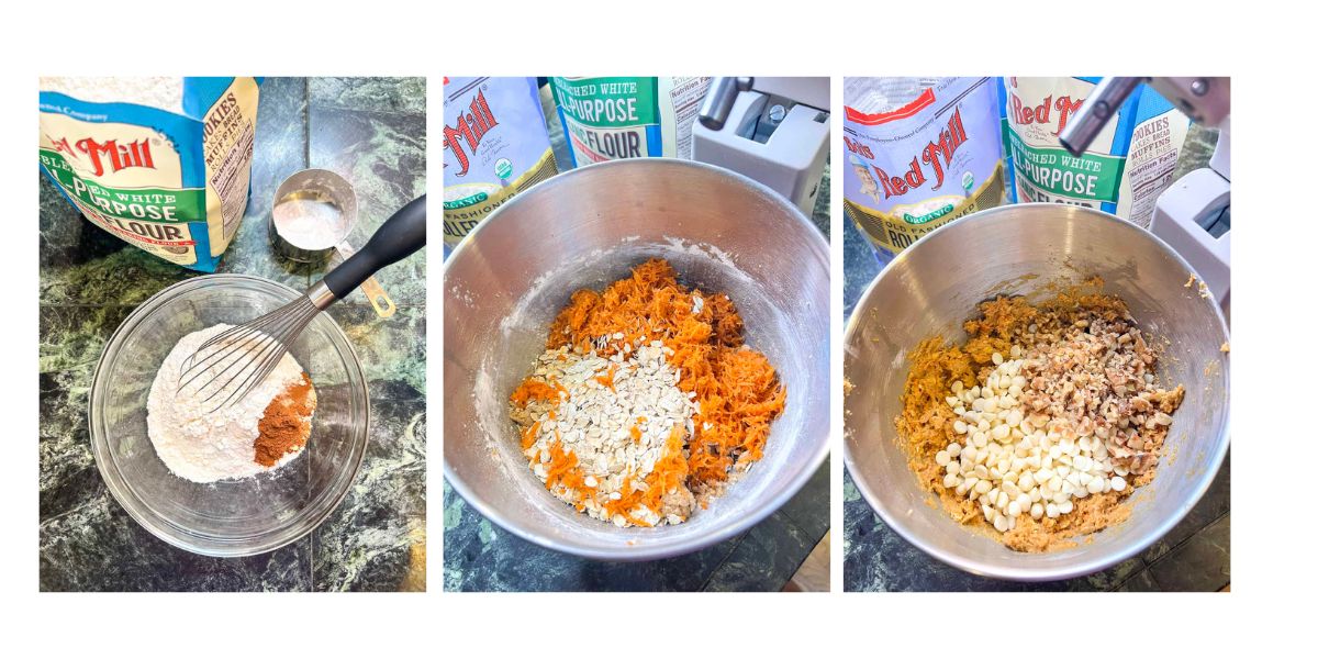 Step by step process shots of making carrot cake cookie dough.