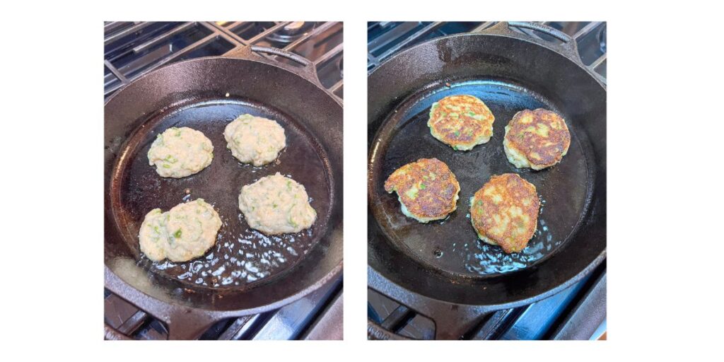 Pan frying okra fritters on both sides.