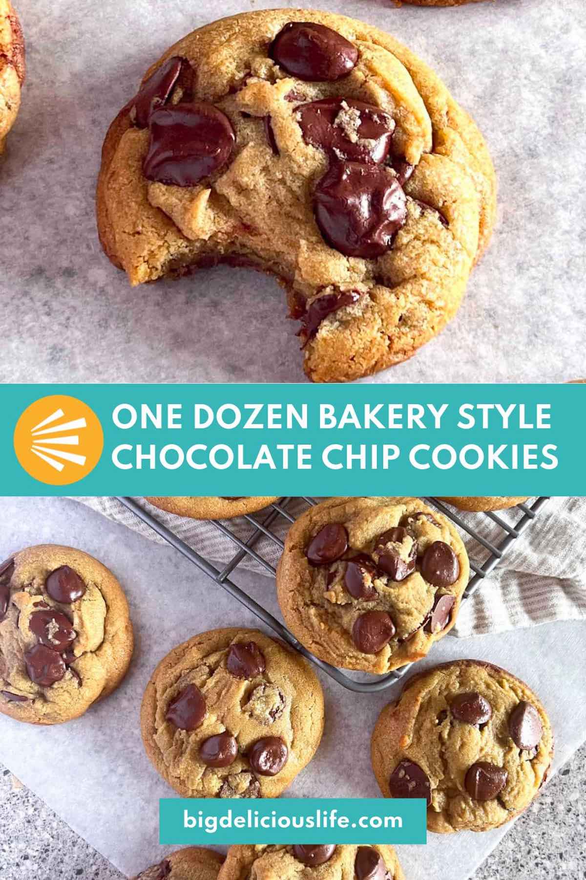 Branded pinterest template with photos of bakery style chocolate chip cookies.