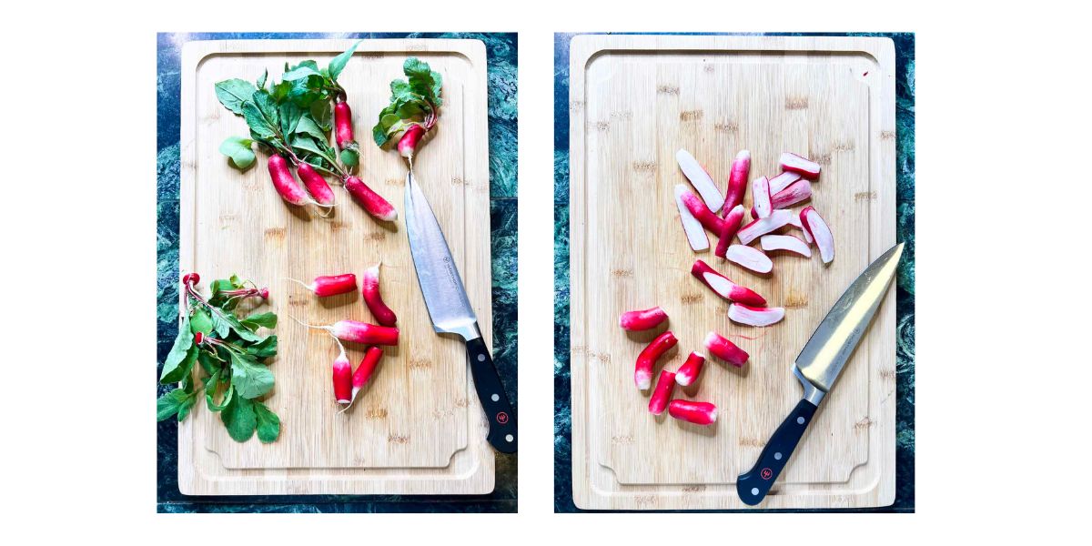Step by step removing radish greens and thinly slicing lengthwise.