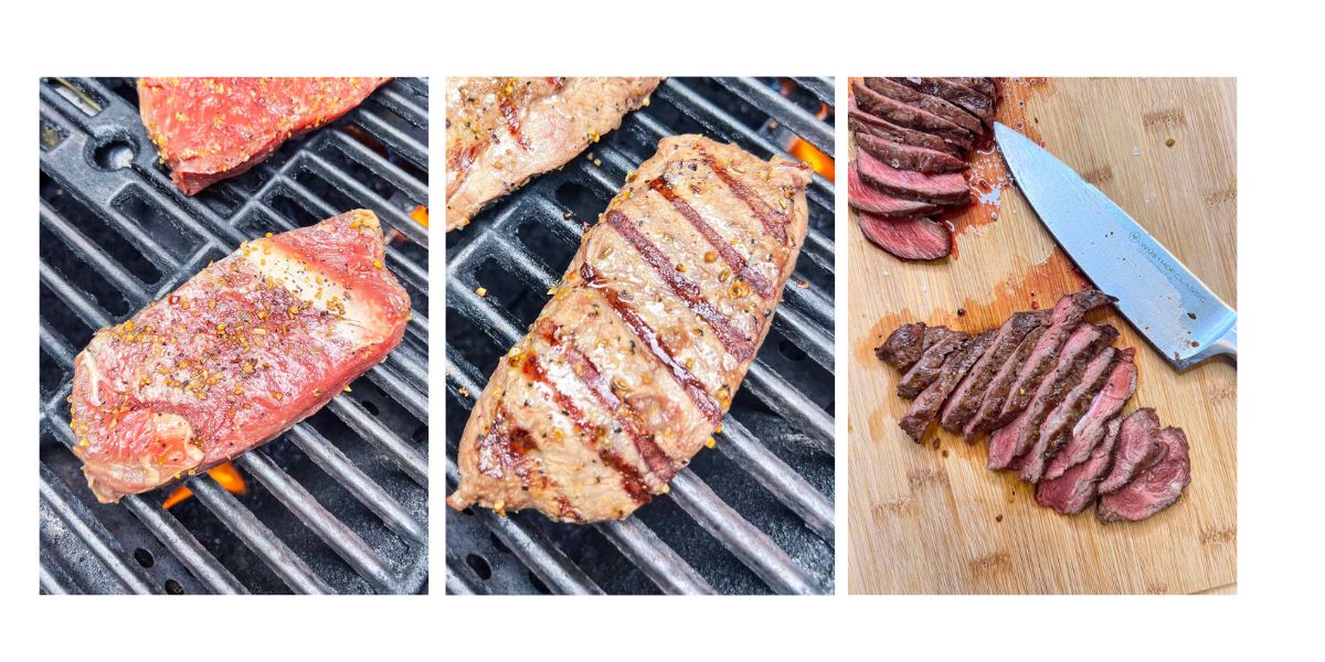 Step by step photos grilling and slicing steak.