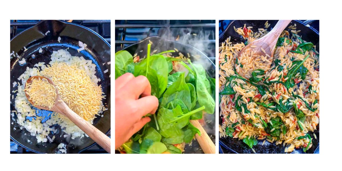 Three step photo of sauteing orzo and onion, adding spinach and finished orzo in a cast iron skillet.