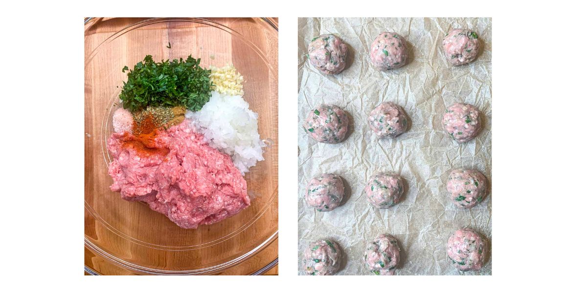 Side by side photos of meatball mixture ingredients and formed meatballs on a baking sheet.