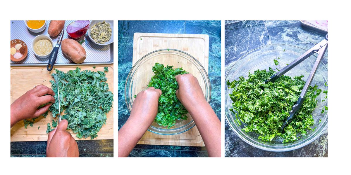 Step by step chopping and massaging kale and mixing with dressing.