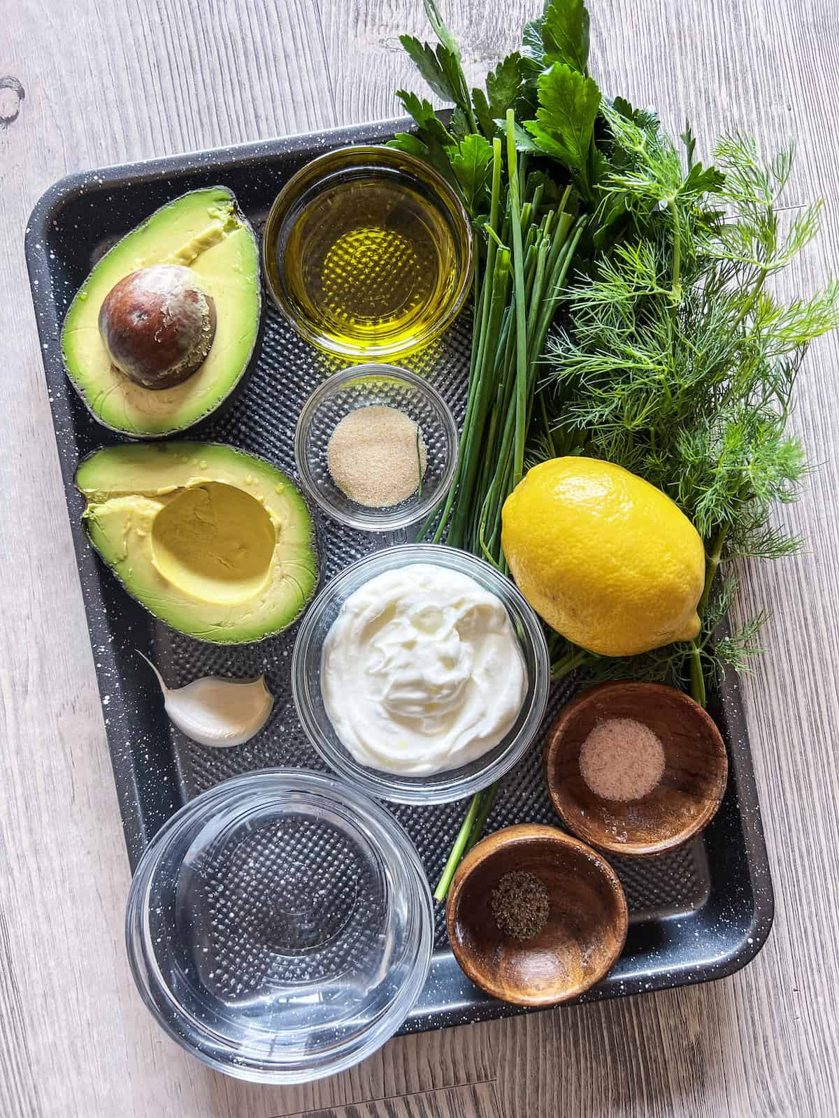 Recipe ingredients on a sheet pan.