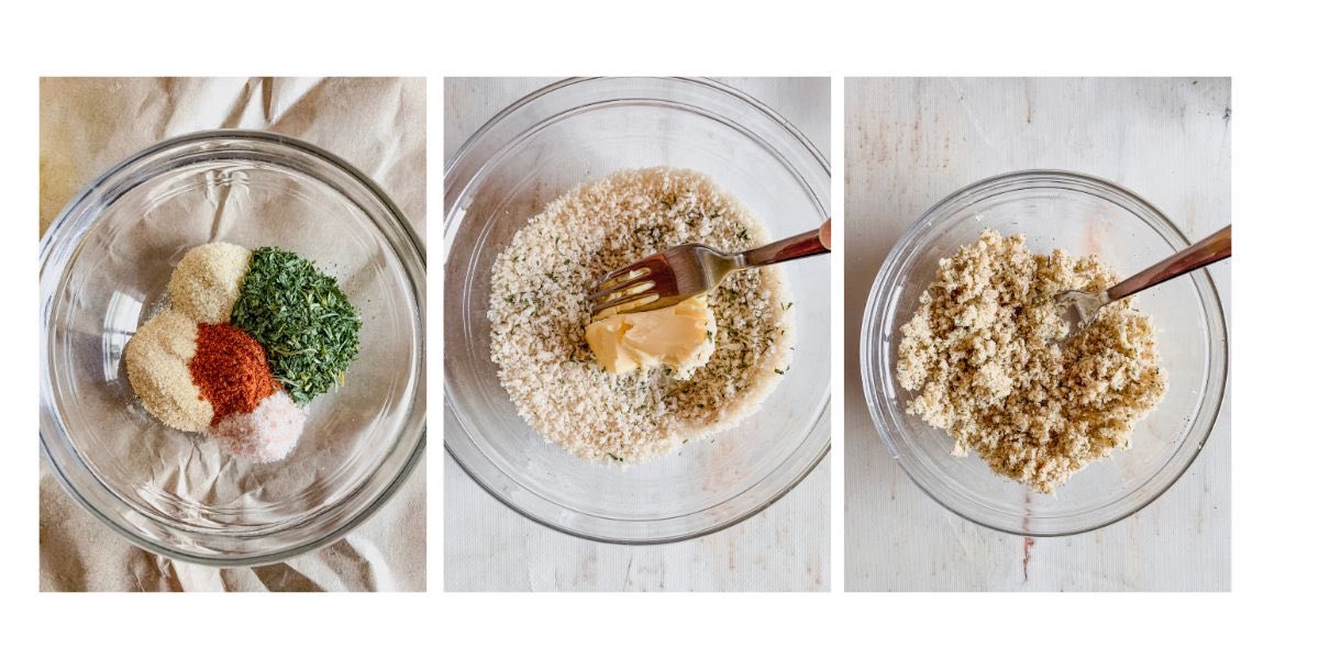 Step by step photos of mixing spices, breadcrumbs and butter to make topping for fish.