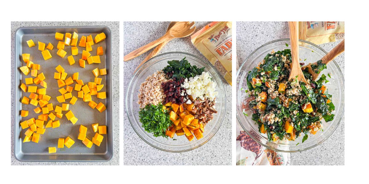 Three step by step photos of cubed butternut squash on a sheet pan, salad ingredients separately in a bowl and mixed together with a wooden spoon.