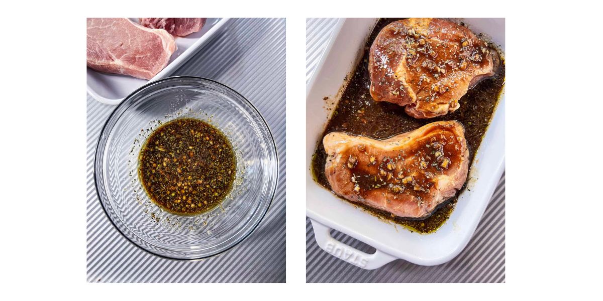 Side by side photos of marinade in a glass bowl and pork chops with marinade in a shallow dish.