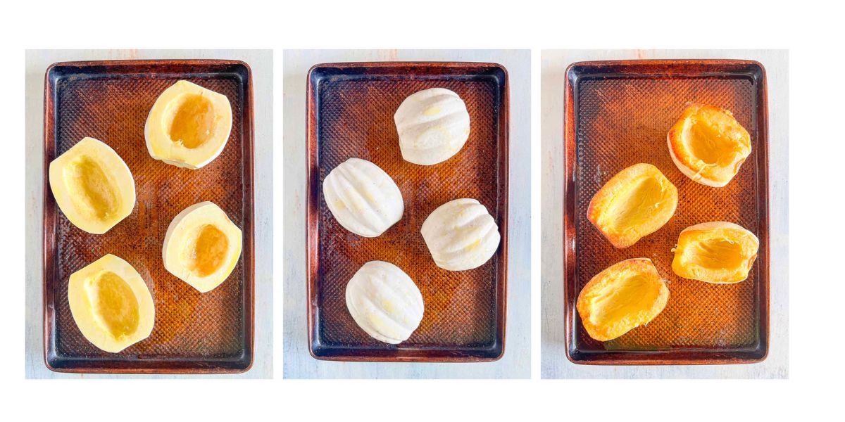 Three photo series of cut squash side up on a baking sheet for seasoning, cut squash side down for roasting and finished, roasted squash flesh side up.
