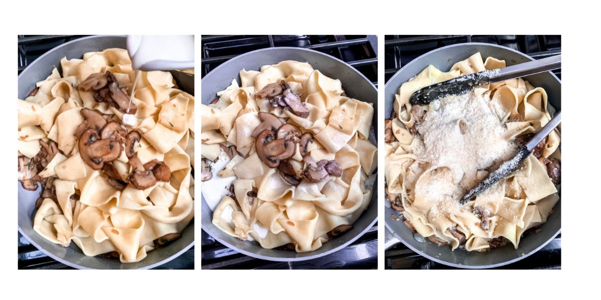 Three photo series of adding pasta noodles to sauteed mushrooms, adding cream and then tossing with parmesan cheese.