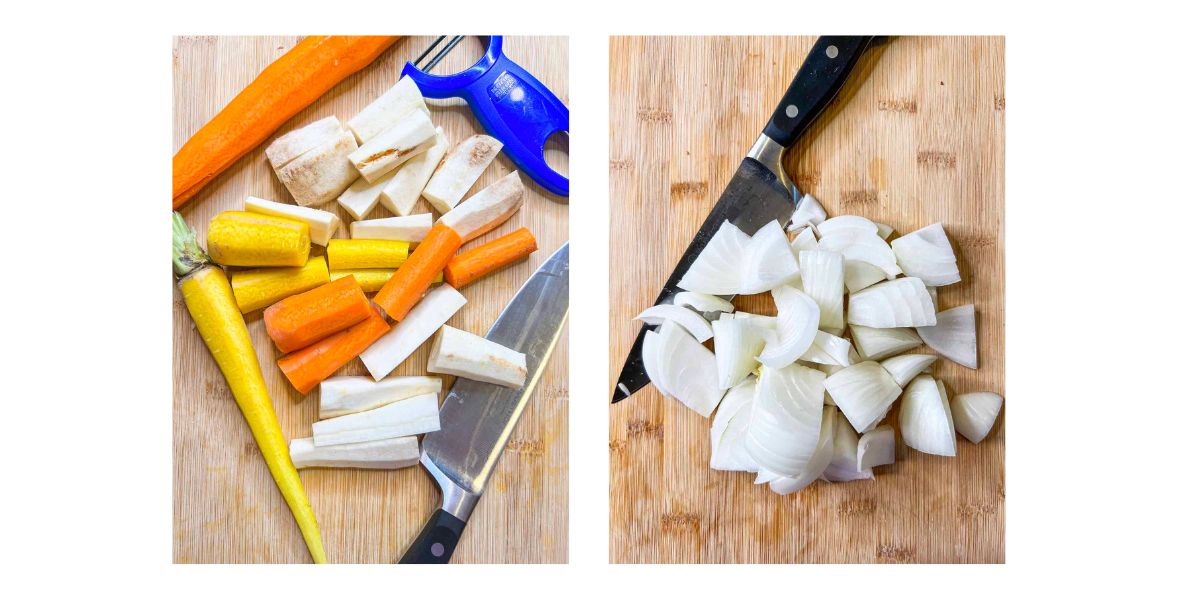 Two step by step photos of prepped carrots and parsnips and chopped onions.