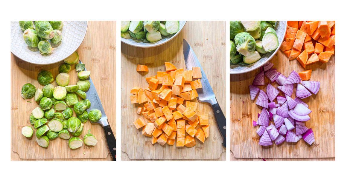 Three photo series of halved brussels sprouts, cubed sweet potatoes and chopped red onion.