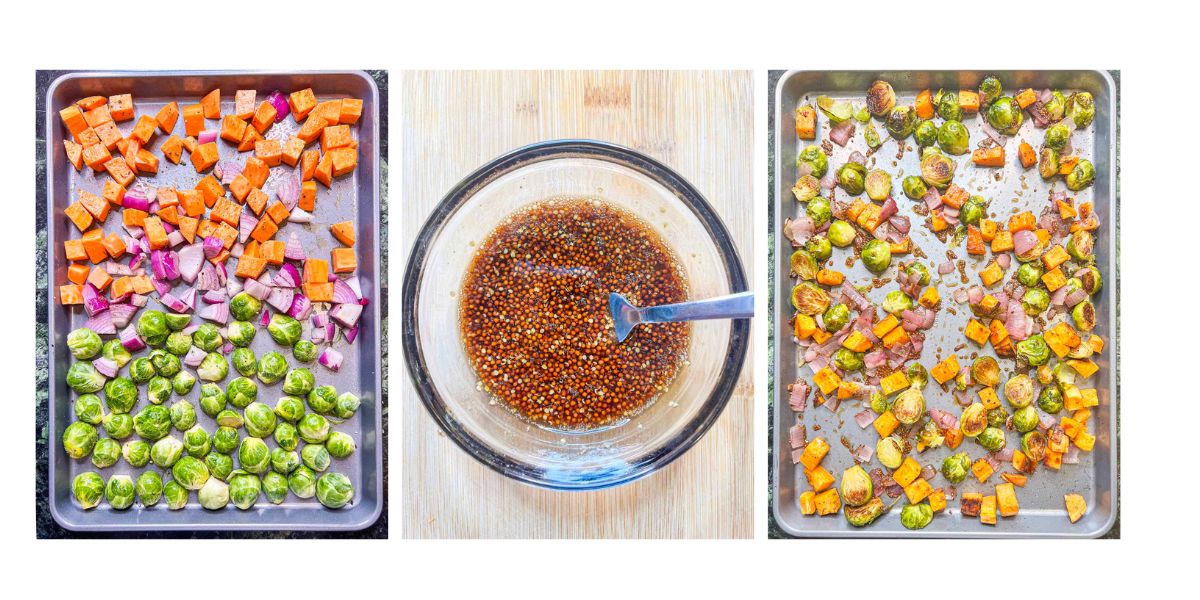 Three photo series of raw prepped veggies on sheet pan, bowl of honey mustard glaze and tossed cooked veggies with glaze on sheet pan.