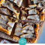 Branded Pinterest template with photo of sliced Pear, Caramelized Onion and Prune Tart.