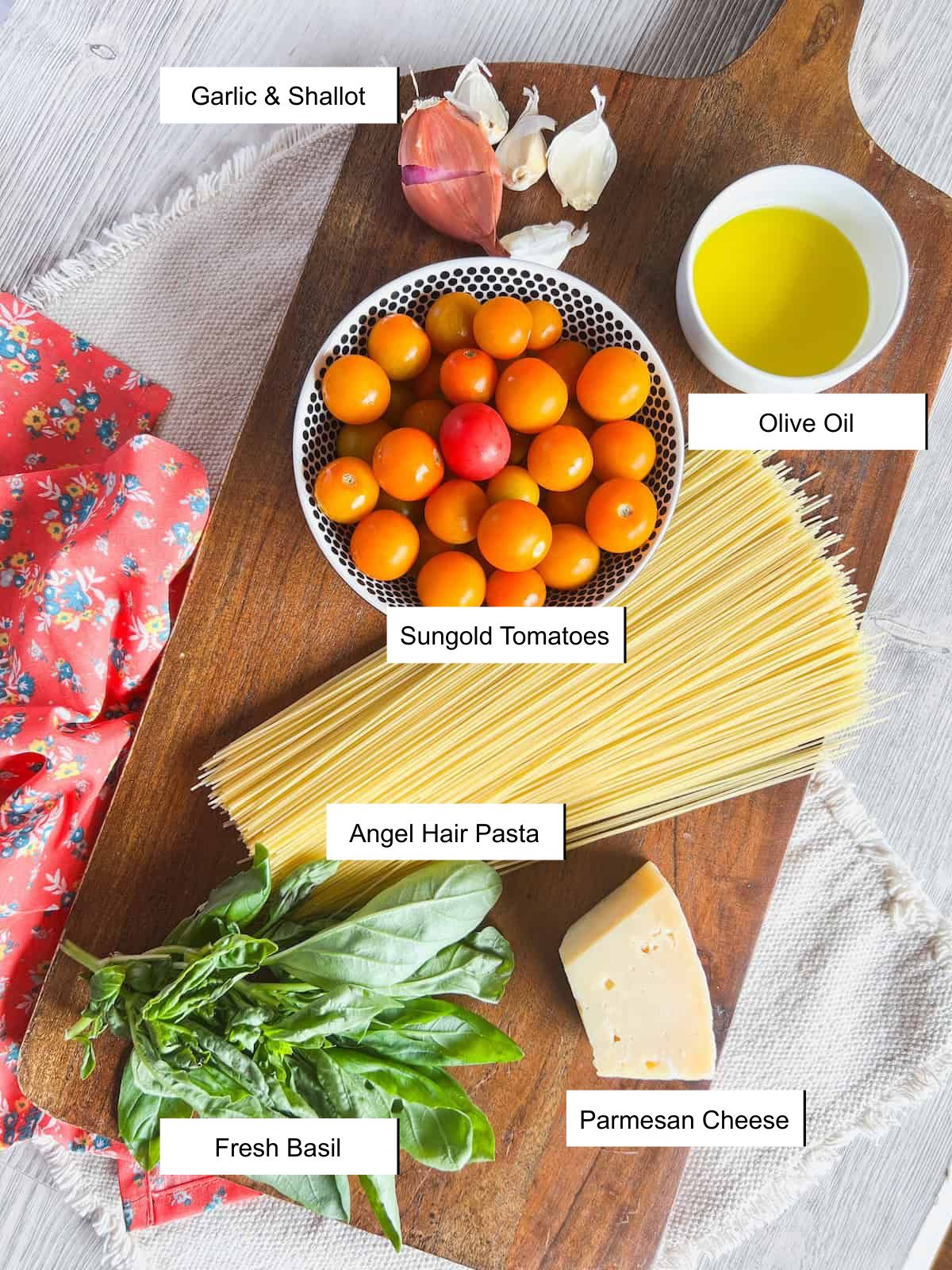 Recipe ingredients on a wood cutting board.