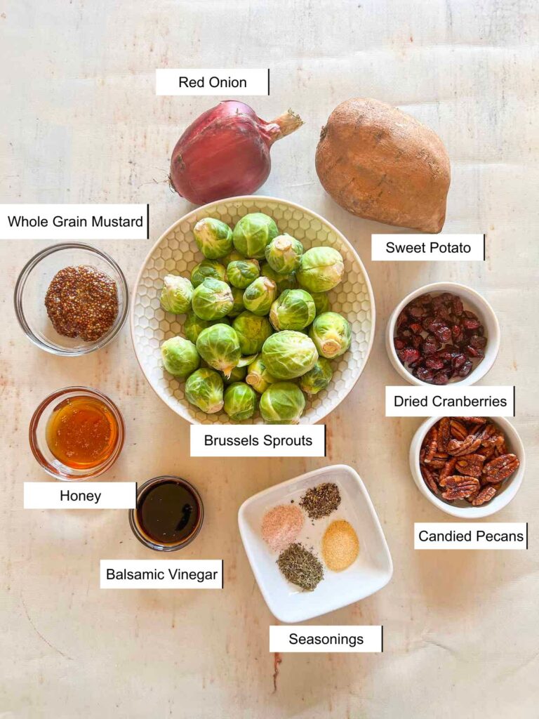 Recipe ingredients in small dishes on a table.
