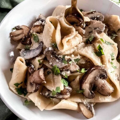 Creamy mushroom pappardelle pasta with garlic parmesan sauce and fresh parsley in a white bowl.